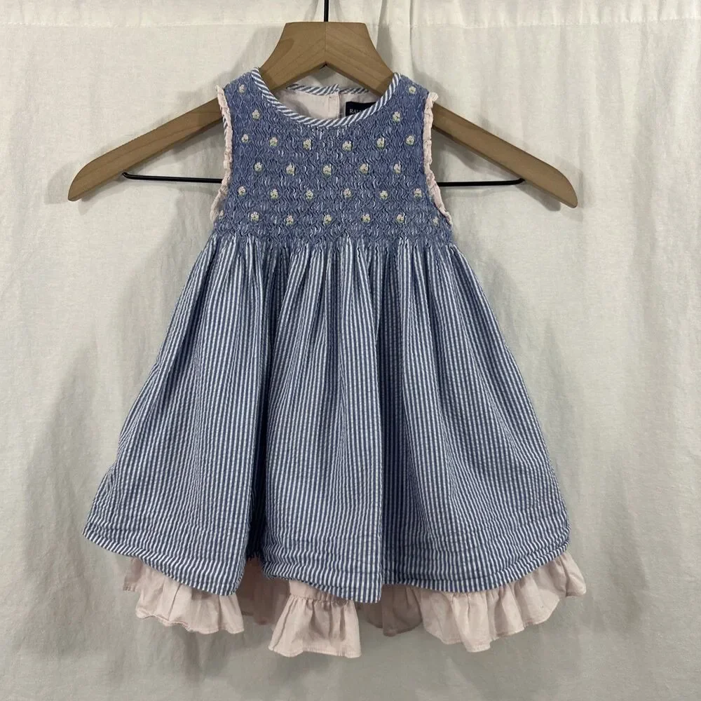 Ralph Lauren Blue Seersucker Smocked Pink Floral Girls Dress Sz 12M Ruffle